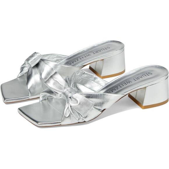Stuart Women’s Sofia 45 Slide High Heels Size 6 Silver Leather Bow NIB - Picture 1 of 14